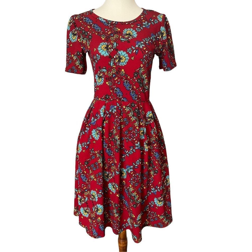 LuLa Ro Amelia-S  Red Floral Paisley Style Print Dress Zip Up Back with Deep Sid